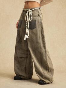 Easelle Casual Loose Wide-Leg Versatile Daily Button-Up Women Jeans - Khaki - View 4