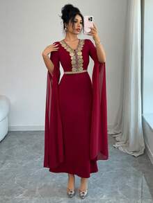 Rafferiza Elegant And Sophisticated V-Neck Long Dress With Gold Lace Embroidery, Fitted Waist, Hip-Hugging Knit, Stretch Chiffon, And Fairy Sleeves. Perfect For Spring And Summer. Also Suitable For Weddings, Evenings, Valentine's Day, Birthdays, And Other Occasions. A Red Dress For Women, Perfect For Weddings. - Burgundy - View 6