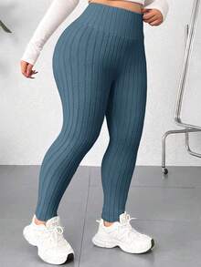SHEIN EZwear 大码浅蓝色纯色简约打底裤，日常穿着 - 霧霾藍 - 查看 4