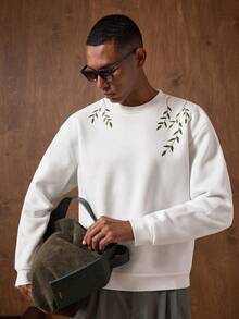 AKNOTIC Men's Plant Embroidery Crew Neck Casual Long Sleeve Sweatshirt Jersey Sweater Sweat Shirts For Men Embroidered Sweatshirt Male Sweater Graphic - White - View 3
