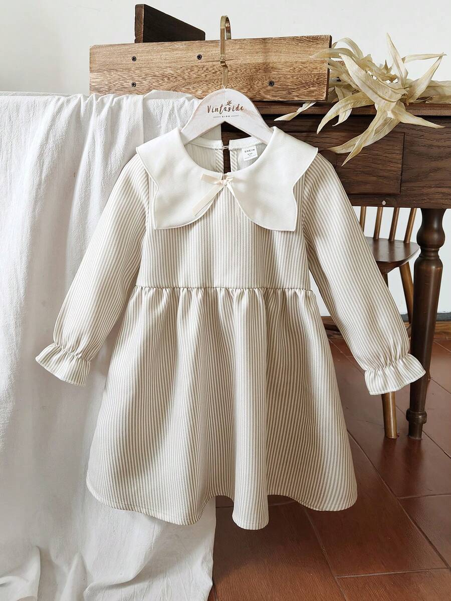 Vintaside Kids 1pc White Butterfly Collar Brown & White Striped Long Sleeve Dress, Young Girls - Multicolor - View 1