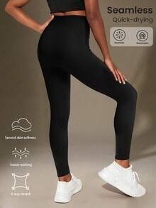 Legging Slim Bergaris Pinggang Tinggi untuk Olahraga Remaja Perempuan, Warna Hitam, Cocok untuk Musim Dingin, Atletik, Pilates, Yoga, Lari, Bersepeda, Bernapas, dan Cepat Kering. - Hitam - View 2