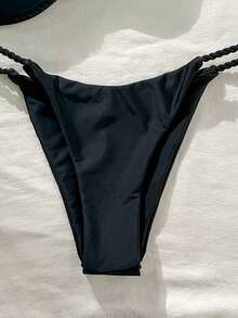 Swim Mod Bộ 2 món đồ bơi bikini dây mảnh màu trơn cho kỳ nghỉ hè, có gọng, gồm áo ngực nâng ngực và bikini có gọng, bikini nâng ngực kín đáo, bikini dây bện, bikini đen, bikini cạp cao. - màu đen - Xem 4