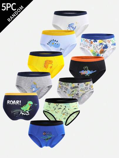 Young Boys Briefs-Five Pack Random Boys Briefs Underwear With Dinosaur Prints Assorted Colors Comfortable Stretchy Elastic Waistband Reinforced Seams Quick Drying Everyday Casual Sleep School Sports Travel All Season 2026 Holiday Essential Playful Cartoon