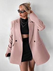 Ritzy Row Jaket Blazer Wanita Kasual Ukuran Besar dengan Bantalan Bahu, Panjang Sedang, Kancing Ganda - Berwarna merah muda - View 4