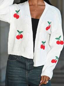 Mima John Cherry Pattern Drop Shoulder Duster Cardigan,Long Sleeve Tops Fall Winter Cloth For Women - White - View 3