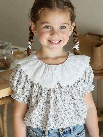 Young Girl Vintage French Lace Collar Ditsy Floral Puff Sleeve Blouse, Elegant Princess Style Shirt For Spring & Autumn