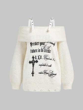 Goth Canotta vintage sexy stile Y2K con ricamo a croce e lettera, spalle scoperte