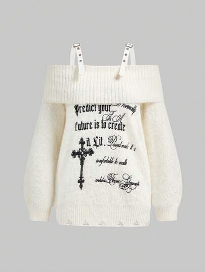 Goth Camiseta sin hombros con bordado vintage de cruz y letra, estilo Y2K sexy