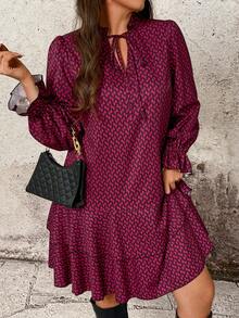 Breezaya Plus Size Women Geometric Print Ruffle Hem Long Sleeve Casual Swing Dress Lantern Sleeve Dress Patterned Dress - Burgundy - View 6