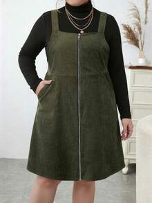 EMERY ROSE Plus Size Autumn Simple Zipper Corduroy Strap Dress - Army Green - View 1