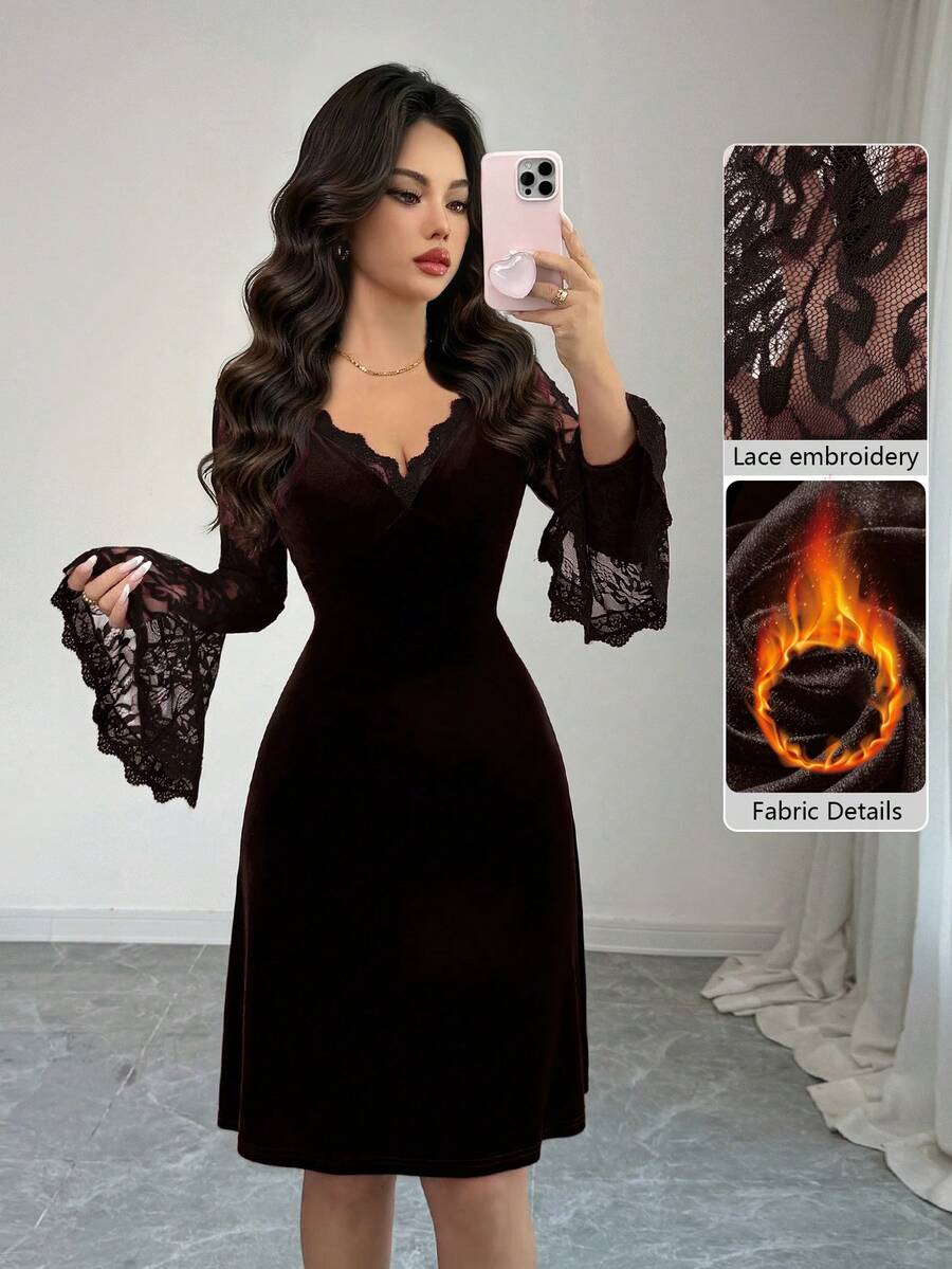 Modelyn 女士秋冬蕾丝拼接天鹅绒V领荷叶袖修身时尚连衣裙 - 咖啡 - 查看 1