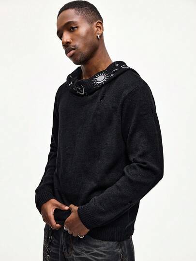 Street Life Men's Mysterious Pattern Embroidered Hooded Fringe Trim Knit Sweater