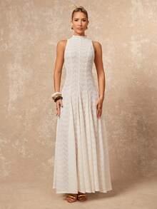 Lumalex 早春女士高领无袖收腰多片式喇叭裙，奢华舞会聚会派对宴会低调奢华，闪耀节日派对狂欢节郊游度假户外盛装，层次丰富，适合婚礼季宴会、圣诞节新年派对、晚宴、晚会、秋季早春夏季优雅连衣裙 - 杏色 - 查看 4