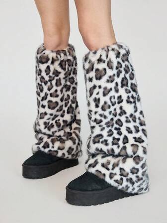 Goth 1 Paar Y2K Retro Flauschige Grau & Weiß Leoparden Muster Textur Beinwärmer, modischer minimalistischer Wildstil, geeignet für Pendeln, Schule, Einkaufen, Partys, Halloween, Weihnachten und andere Anlässe