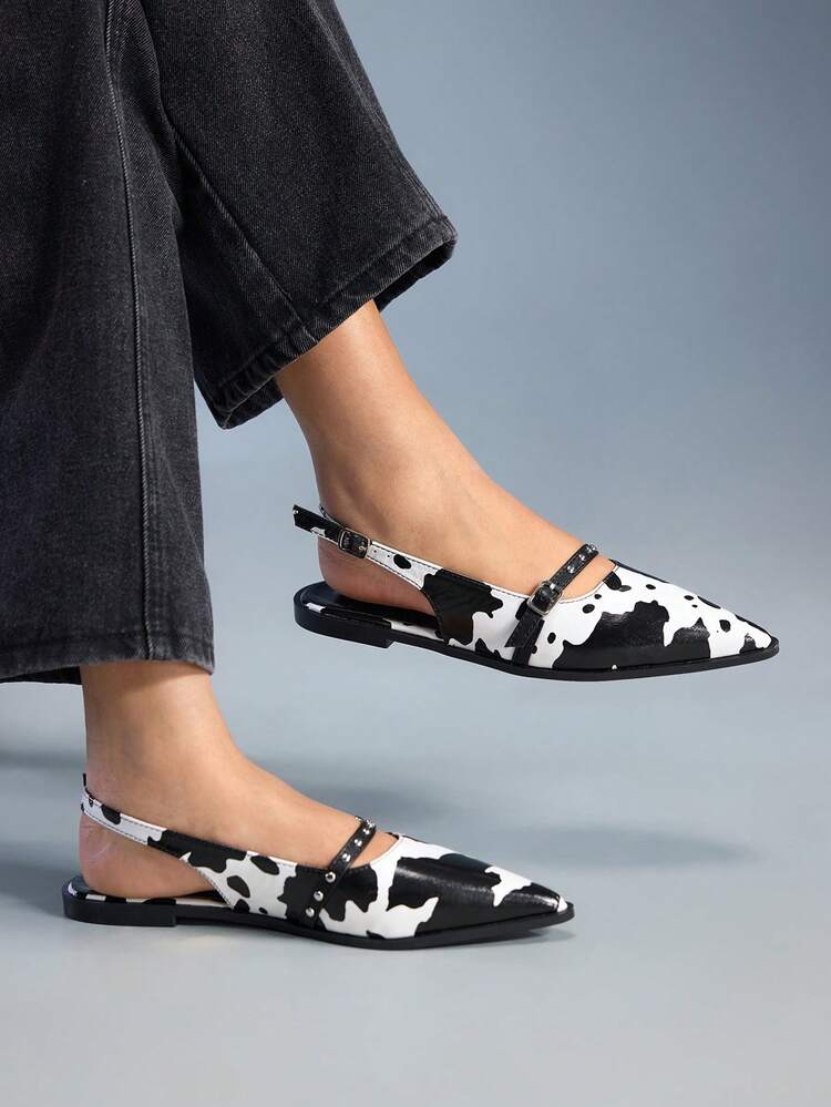CUCCOO GRLICON Women's Cow Print Pointed Toe Buckle Design Casual Everyday Versatile Fashion Shoes For Christmas