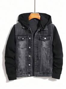 SHEIN Teen Boy Fashion Casual Y2k Vintage Cool Street Returns To School College Black Denim And Hooded Knitted Long-Sleeved Loose Jacket For Teen Boy Clothes Teen Boy Soft Dailywear And Teen Boy Winter And Fall Rave Outfits Festival And Outfits Streetwear School Clothes