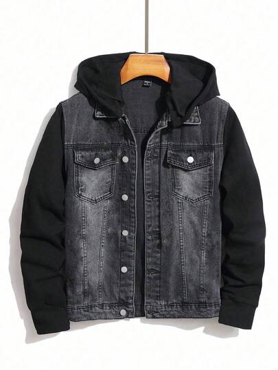 SHEIN 青少年男孩时尚休闲 Y2K 复古酷炫街头返校学院风黑色牛仔连帽针织长袖宽松外套，适合青少年男孩日常穿着，以及青少年男孩秋冬季锐舞派对、节日和街头服饰校园装扮。