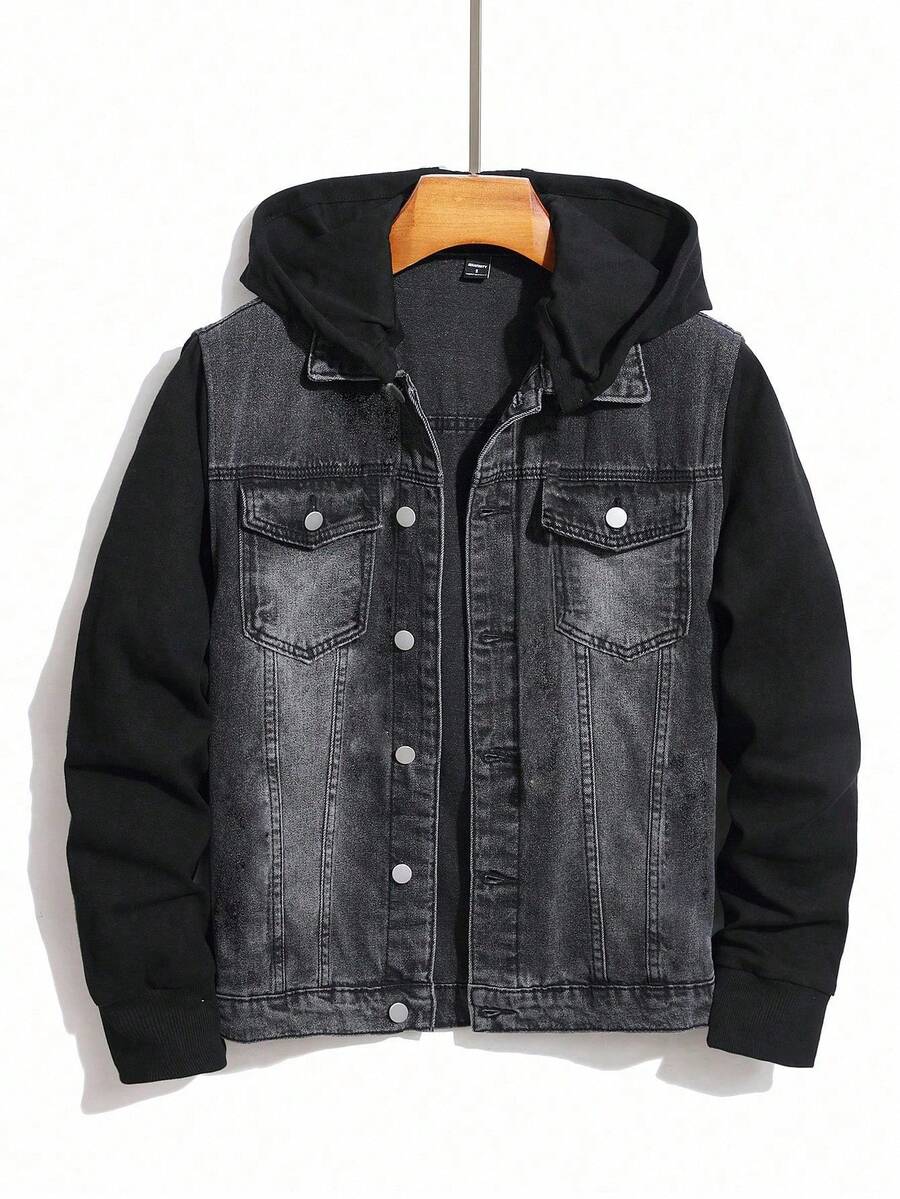 SHEIN Teen Boy Fashion Casual Y2k Vintage Cool Street Returns To School College Black Denim And Hooded Knitted Long-Sleeved Loose Jacket For Teen Boy Clothes Teen Boy Soft Dailywear And Teen Boy Winter And Fall Rave Outfits Festival And Outfits Streetwear School Clothes