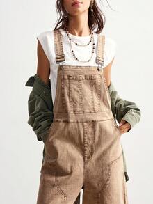 Bohemela 休闲纯色梭织阔腿宽松背带连体裤 - 卡其色 - 查看 1