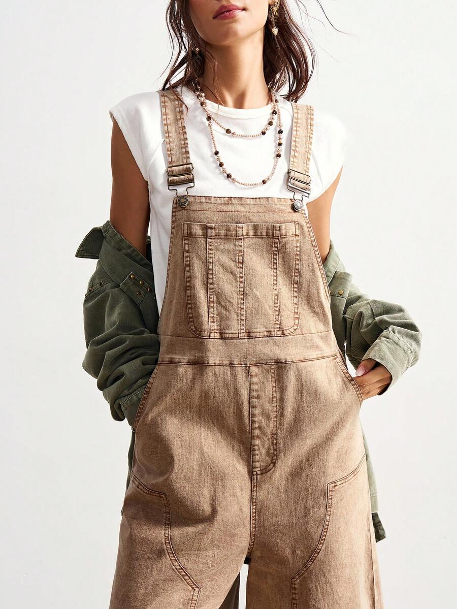 Bohemela 休闲纯色梭织阔腿宽松背带连体裤 - 卡其色 - 查看 1