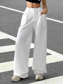 SHEIN EZwear Quần ống rộng cổ điển màu trắng mùa xuân/hè cho nữ - trắng - Xem 4