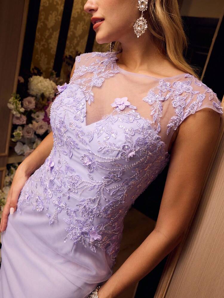 PURPLE CONTRAST MESH FLORAL EMBROIDERED FISHTAIL HEM EVENING DRESS