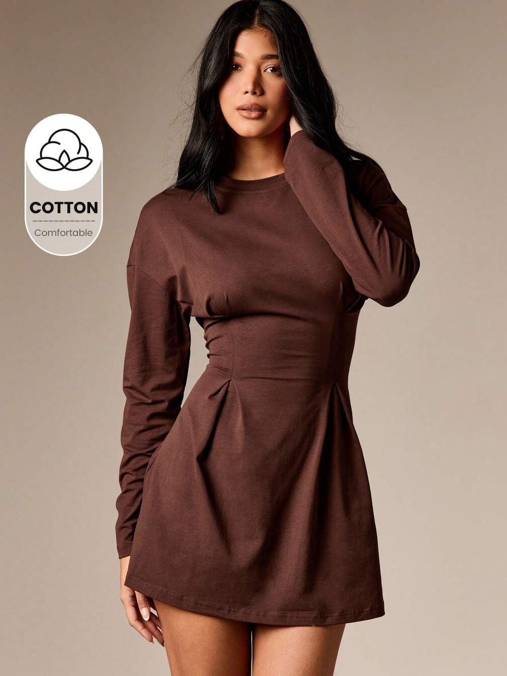 brown cinched waist dress Short Sleeve Shoulder Pad Cinched Waist Detail T-Shirt Dress In Brown  Stripe | EGO US