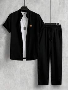 Manfinity Homme 男士黑色夏季休閒兩件套，單排扣短袖襯衫與抽繩長款亞麻長褲，老錢風度假約會日常穿著正裝 - 黑色 - 查看 3