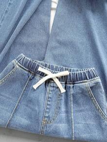 SHEIN Tween Girls' Tie Waist Pocket Wide Leg Loose Casual Jeans - Light Wash - View 8