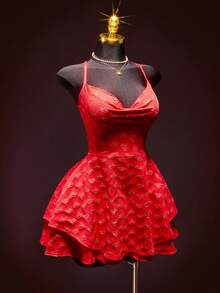 SHEIN ICON 女士性感时尚心形提花垂褶领吊带迷你连衣裙 - 紅色 - 查看 4