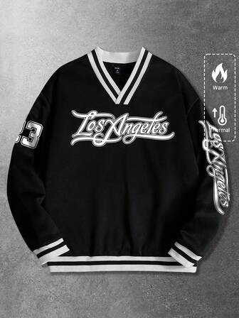 Prep Felpa casual a maniche lunghe con scollo a V, stampa di lettere e numeri, versatile per pendolari, autunno/inverno, per uomo