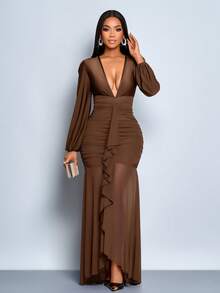 SOLERSUN Women's Elegant Ruffle Trim Plunging V-Neck Long Sleeve Solid Color Pleated Mesh Patchwork Fishtail Hem Maxi Dress, Sexy And Simple, Suitable For Cocktail Party, Date, Autumn/Winter Dress, Party/Wedding Bridesmaid Dress, Evening Gown, Halloween, Christmas Date Night Thanksgiving Women Outfit