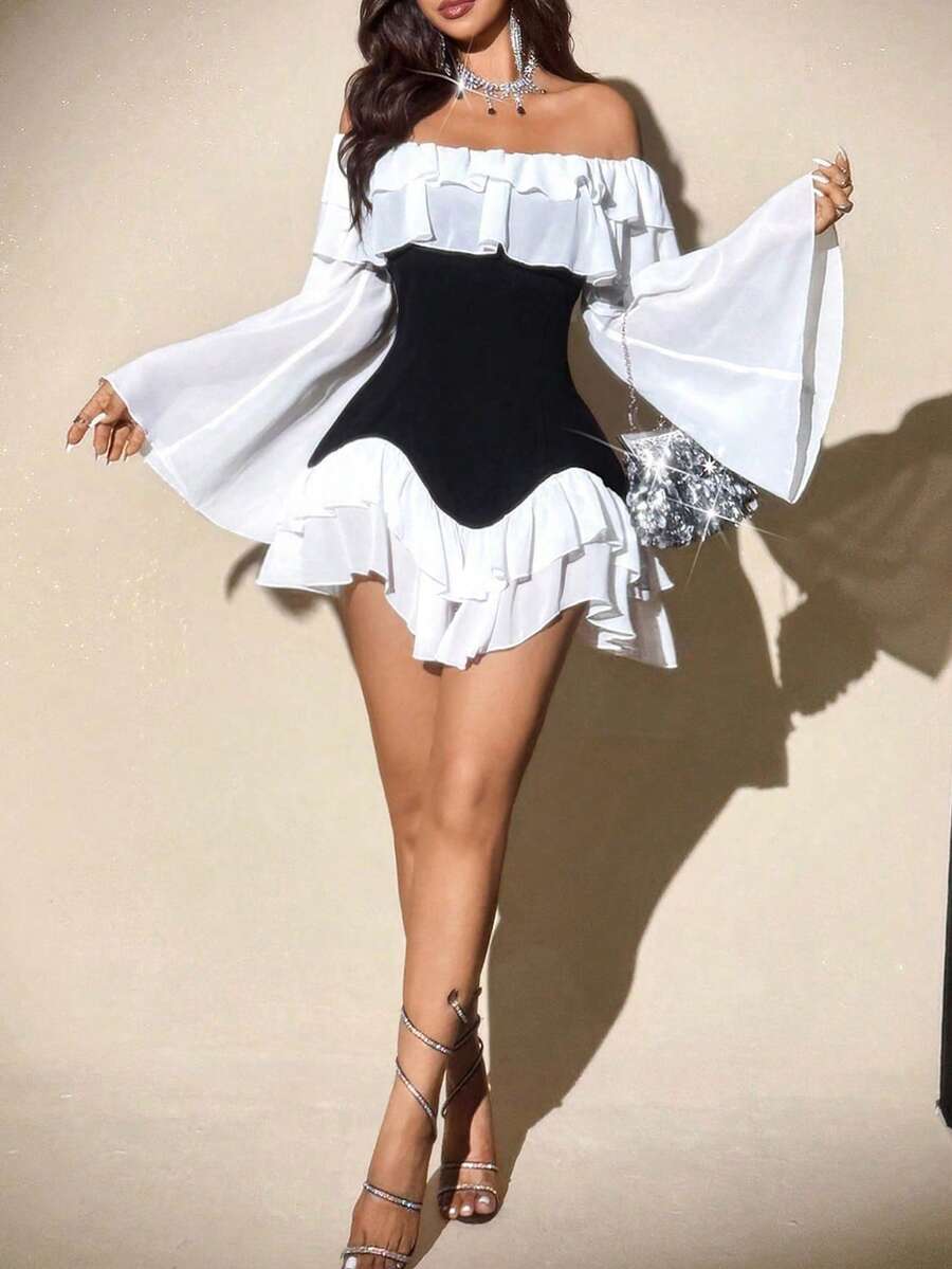 Elenzga Robe mini à manches longues évasées pour femmes grandes tailles, élégante, romantique et sexy, en patchwork noir et blanc, en mousseline de soie fluide avec épaules dénudées, volants à l'ourlet, stretch, pour le printemps et l'automne