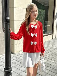 2 pièces/set Ensemble fille décontracté avec sweat-shirt à col rond et jupe avec nœud décoratif, manches longues, convient pour l'automne et les sorties - Rouge - Voir 5