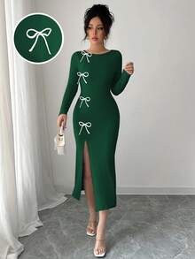 Elenzga Đầm midi xẻ tà eo cao đính nơ thanh lịch dành cho nữ, trang phục maxi thu cho nữ - Màu xanh lá cây đậm - Xem 3