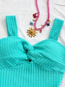 Soleia 女士休闲纯色纹理面料扭结前襟修身连衣裙，适合夏季度假 - 淺綠色 - 查看 5