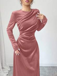 Modelyn Váy đầm phong cách Ả Rập dáng ôm eo nhún bèo thanh lịch dành cho nữ, phù hợp cho mùa xuân và mùa thu - Hồng - Xem 3