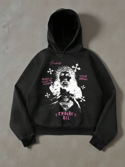 Manfinity ZONE917 超大款做旧粉白耶稣十字架深色图案印花黑色短款宽松落肩连帽衫