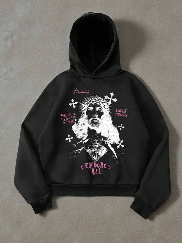 Manfinity ZONE917 超大款做旧粉白耶稣十字架深色图案印花黑色短款宽松落肩连帽衫