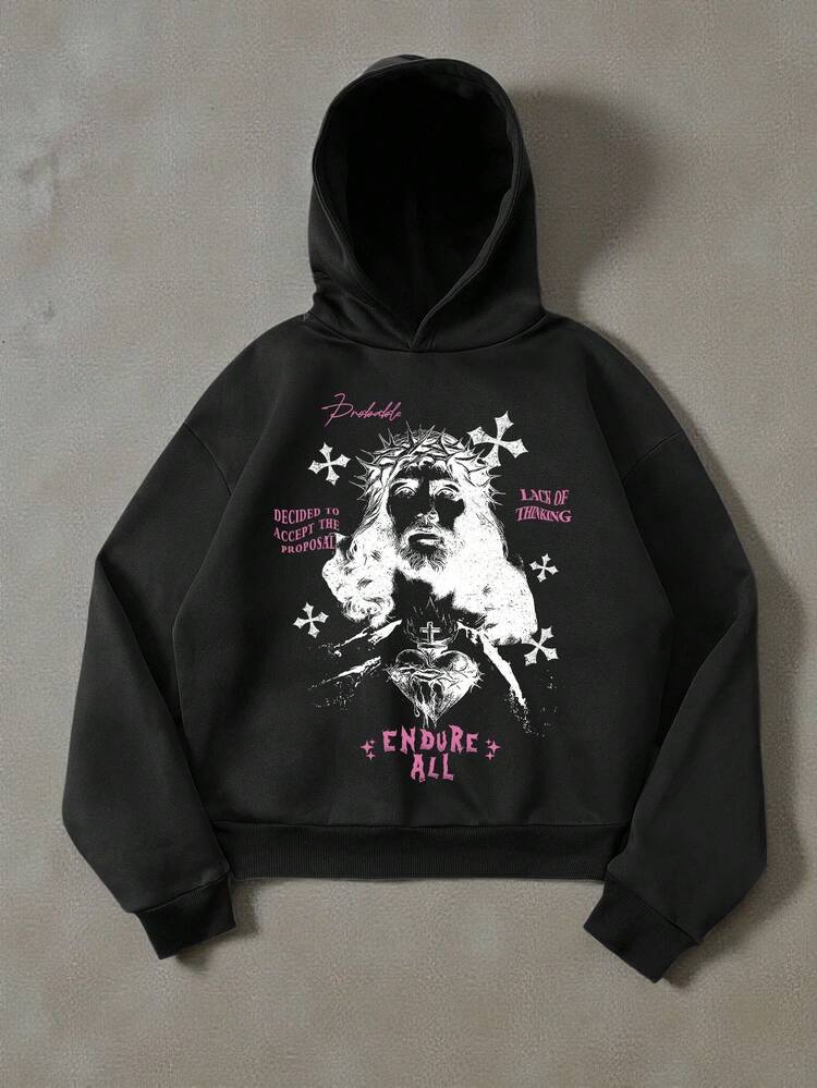 Manfinity ZONE917 超大款做旧粉白耶稣十字架深色图案印花黑色短款宽松落肩连帽衫 - 黑色 - 查看 1