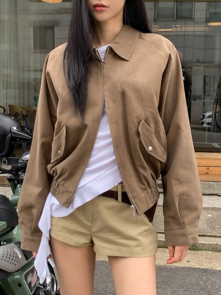 Vintage American Style Rivet Collar Zipper Jacket, Women Regular Jacket Women Coats