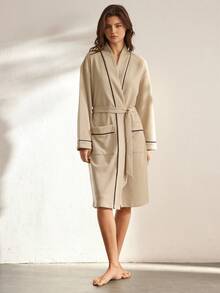 Ocili Soft & Comfortable Waffle Knit Open Front Robe, Casual Loungewear For Women, Spring/Autumn - Khaki - View 4