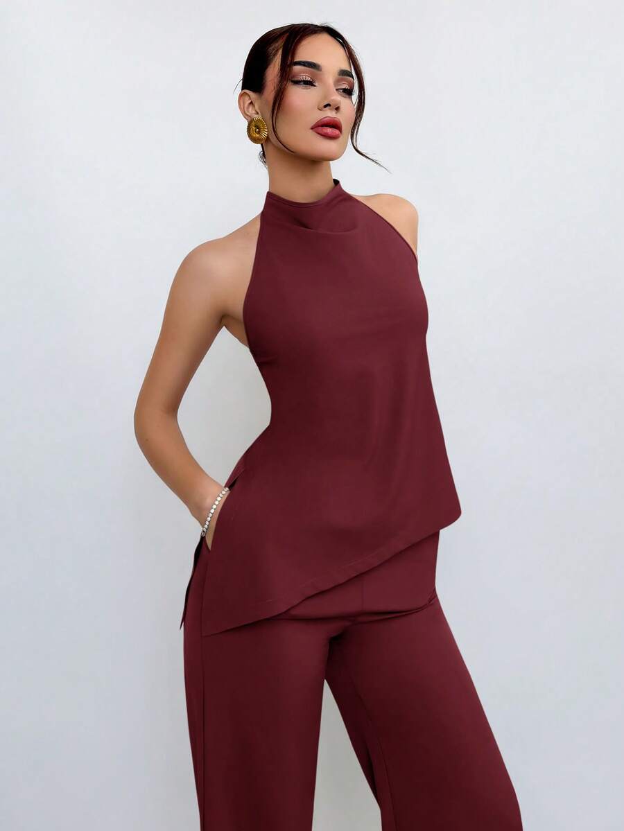 Aloruh Women's Minimalist Backless Halter Top And Long Pants Set, Suitable For Commuting, Summer - Burgundy - View 1