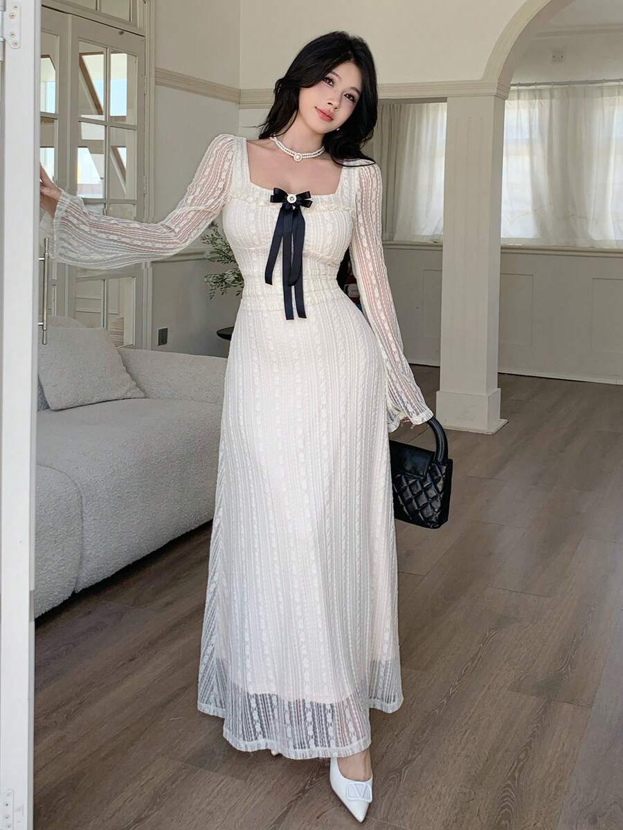 Feyla 女士优雅通勤连衣裙，饰有蝴蝶结蕾丝