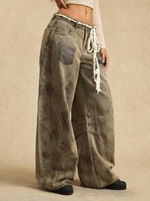 Easelle Casual Loose Wide-Leg Versatile Daily Button-Up Women Jeans - Khaki - View 6