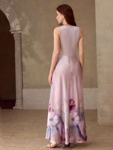 MOTF PREMIUM WOMEN'S SLEEVELESS FLORAL PRINTED METAL SHOULDER PATCHWORK FLARE HEM DRESS, AUTUMN/WINTER - Mauve Purple - View 3