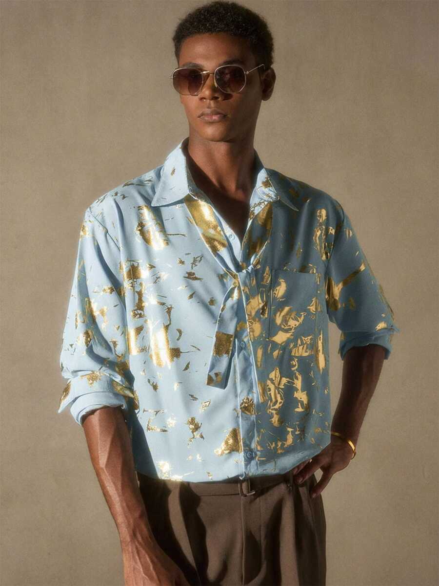 AKNOTIC Business Casual Men's Long Sleeve Single-Breasted Pocket Fashionable Foil Shirt Mens Champagne Shirt Mens Gold Print Shirt Mens Casual Shirt - Blue - View 1