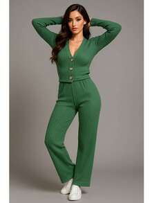 Conjunto Sexy Dama Premium Dos Piezas Botones Pantalón Cómodo Suéter botones Manga Larga Cuello V Pantalón recto - verde - Ver 3