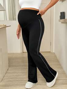 SHEIN 孕妇撞色滚边高腰优雅修身裤 - 黑色 - 查看 6